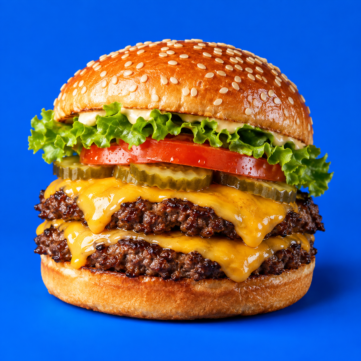 Double cheeseburger with lettuce, tomato and pickles